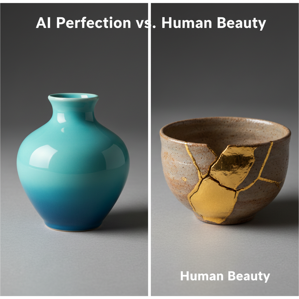 A visual comparison between AI-generated perfection and the beauty of human imperfection.