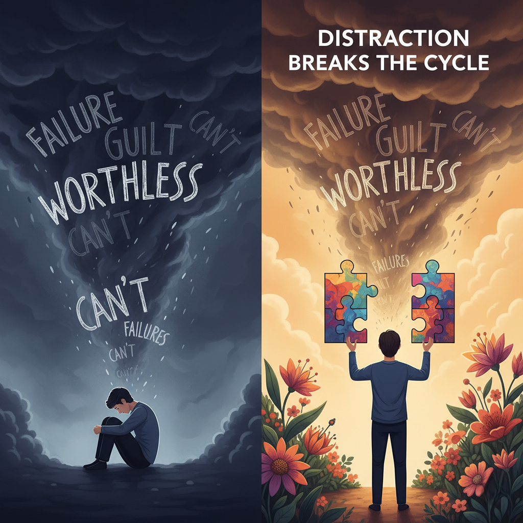 A visual representation of breaking the cycle of rumination through positive distraction