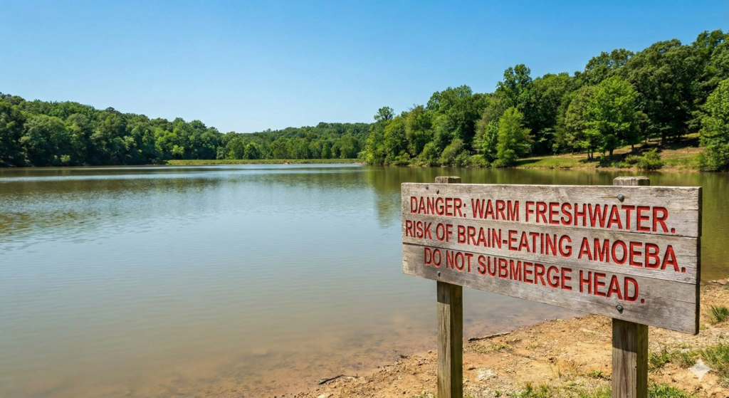 A warning sign at a warm freshwater lake advising against submerging your head due to the risk of the brain-eating amoeba.