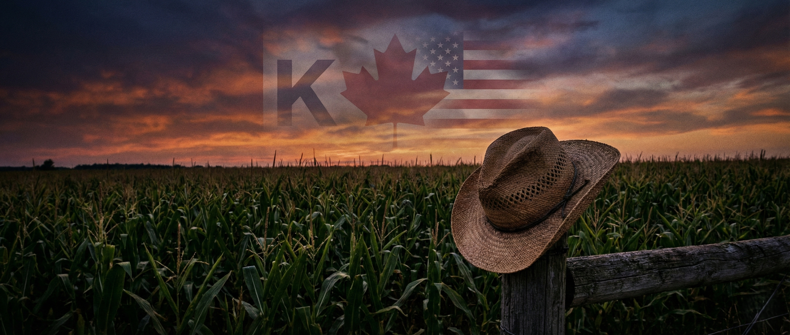 An American cornfield at sunset symbolizing the agricultural stakes of the U.S.-Canada trade war.