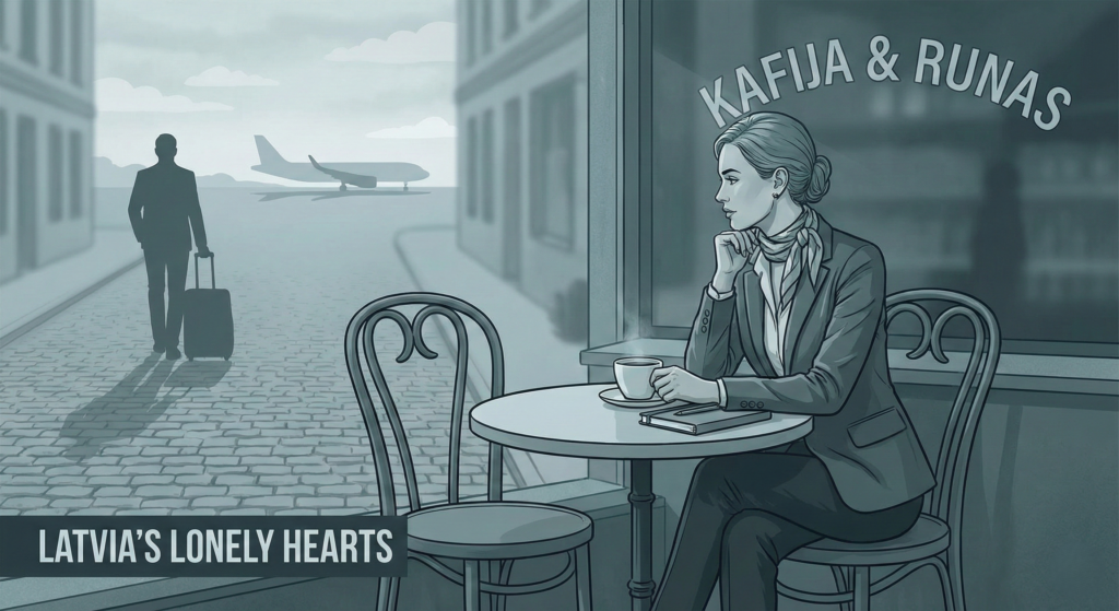 An editorial illustration showing a highly dressed, professional woman sitting alone at a cafe table, looking at an empty chair.