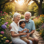 An elderly couple and child laughing together, representing the lifelong health benefits of strong relationships
