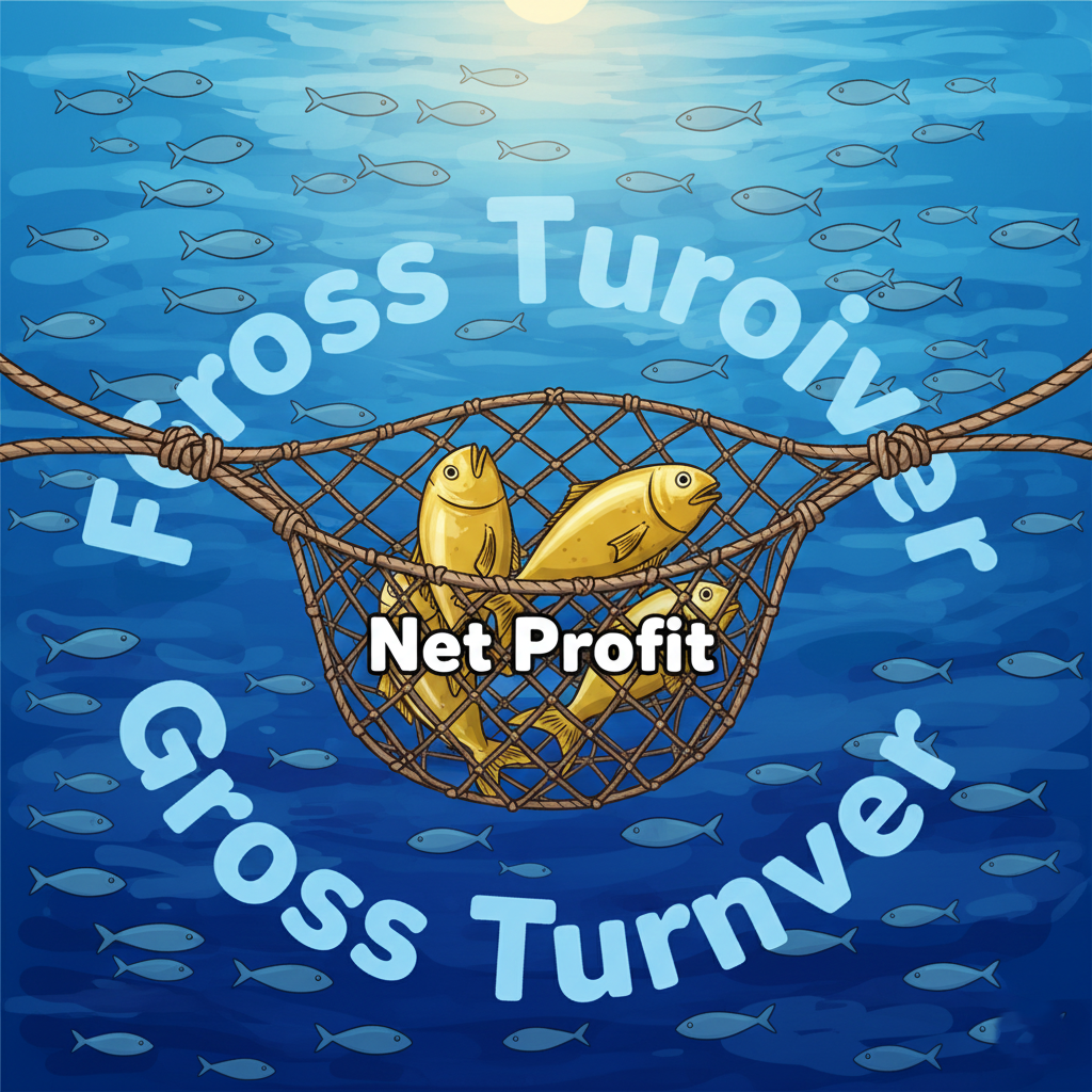 An illustration of Richard Branson's fish in a net analogy for understanding the difference between net profit and gross turnover.