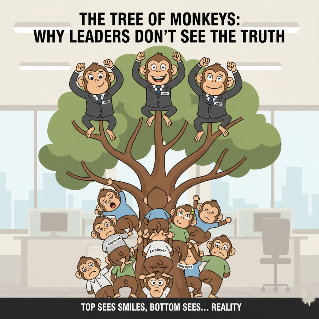An illustration of Simon Sinek's Tree of Monkeys analogy, showing the disconnect between leadership perception and employee reality.