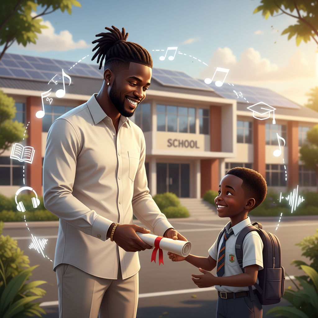 An illustration of Stonebwoy supporting education through his foundation.