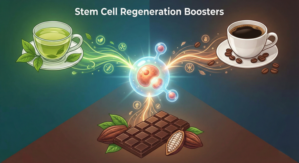 An infographic showing green tea, coffee, and dark chocolate all contributing to the growth of a central, healthy stem cell.