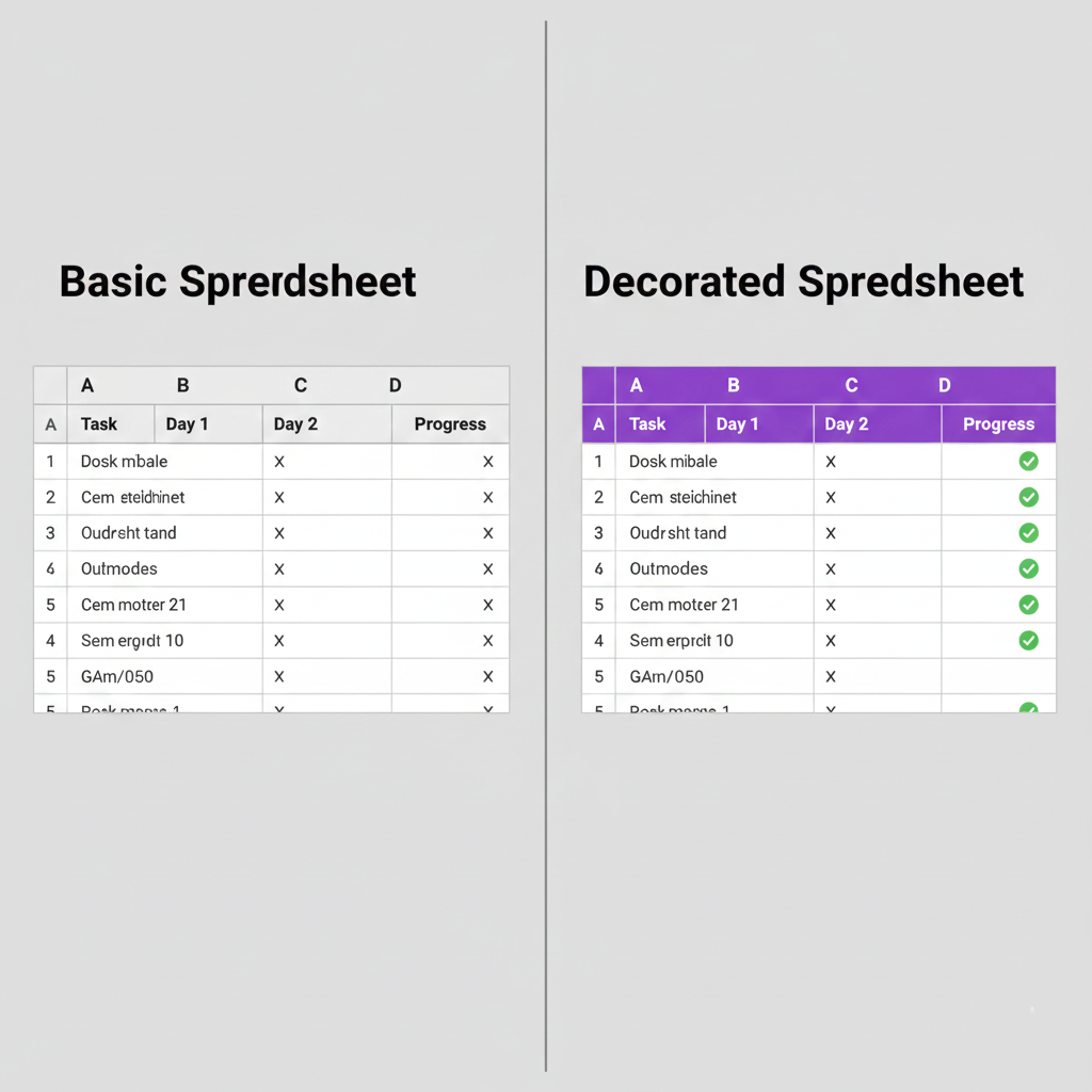 Before and after comparison of a basic spreadsheet versus a styled habit tracker.