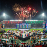 Cinematic view of the AFCON 2025 opening ceremony at Stade Prince Moulay Abdellah in Rabat.