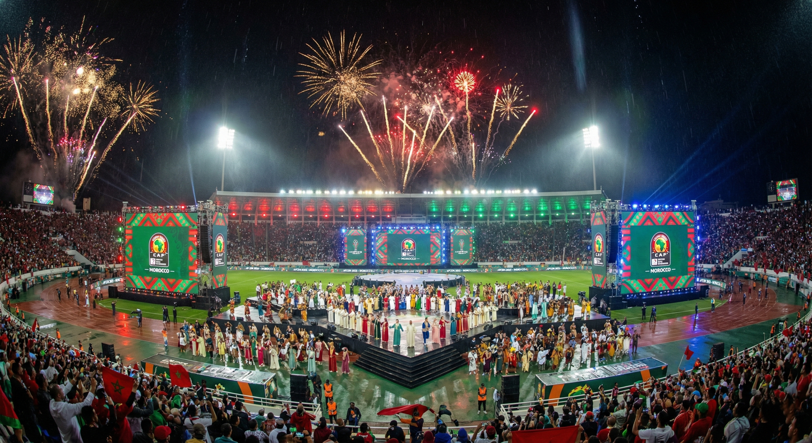 Cinematic view of the AFCON 2025 opening ceremony at Stade Prince Moulay Abdellah in Rabat.