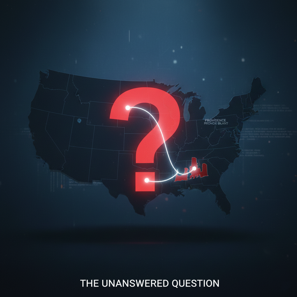 Conceptual graphic showing a large question mark over a map connecting Wisconsin and Rhode Island, representing the unknown motive of the shooter.