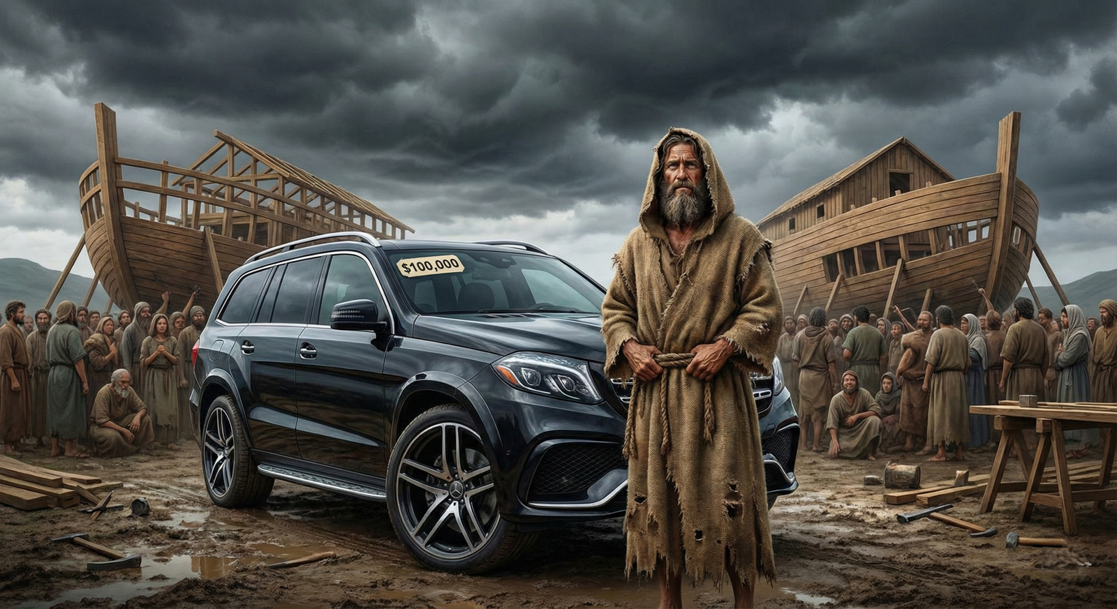 Digital art depicting the contrast of Ebo Noah's prophet persona and his luxury lifestyle.