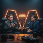 Elon Musk and Nikhil Kamath in a professional podcast studio during an interview.