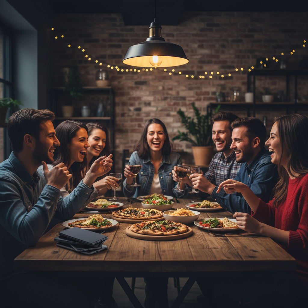 Friends enjoying a meal together without distractions, illustrating the people time over screen time advice
