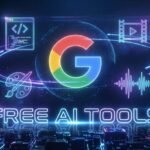 Futuristic 3D graphic showing Google's suite of free AI tools for productivity and creation