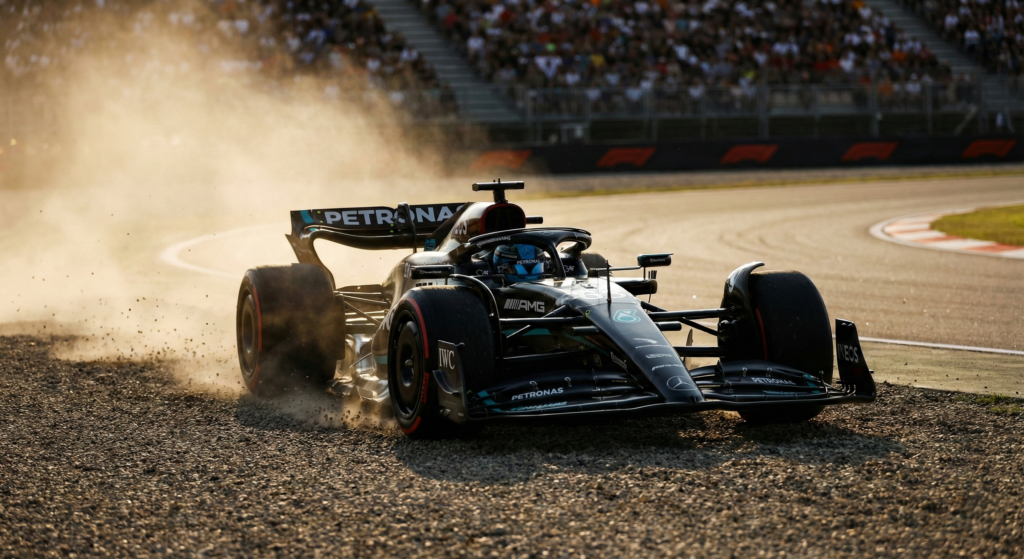 George Russell’s F1 car drifts around a corner in a high-speed race against an AI-driven competitor car