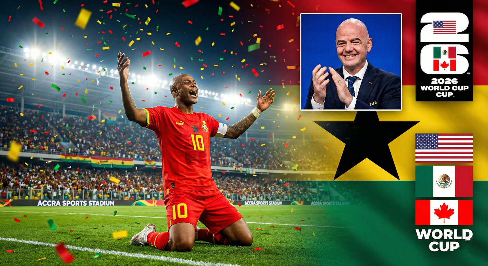 Ghana Black Stars celebrating 2026 World Cup qualification with FIFA President Infantino.