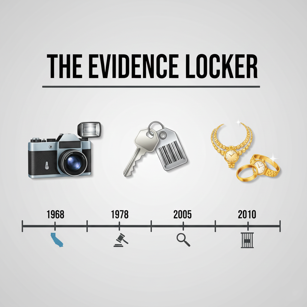 Infographic detailing the physical evidence, including the Seattle storage locker photos and jewelry, that linked Alcala to his victims.