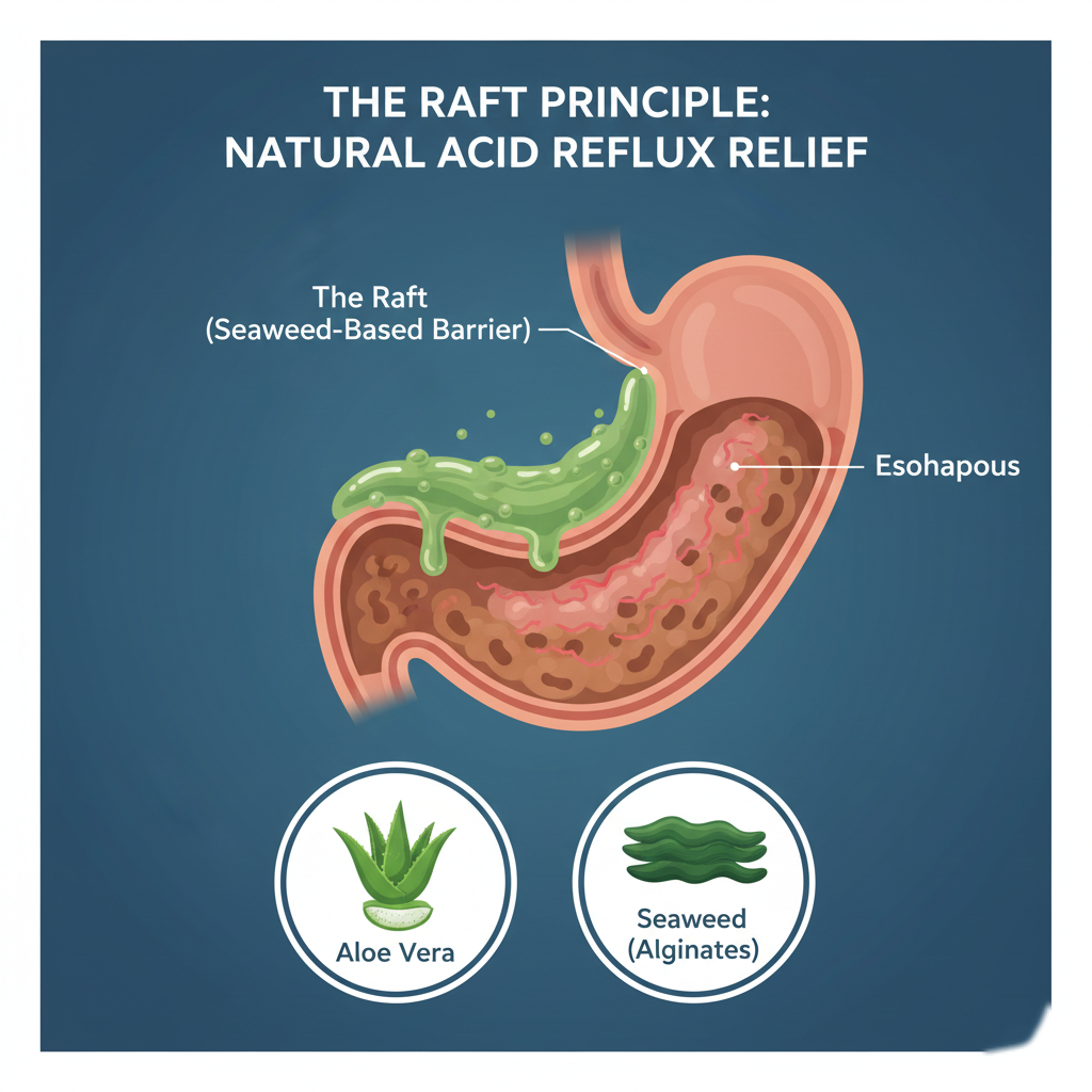 Infographic explaining the Raft Principle for treating acid reflux naturally.