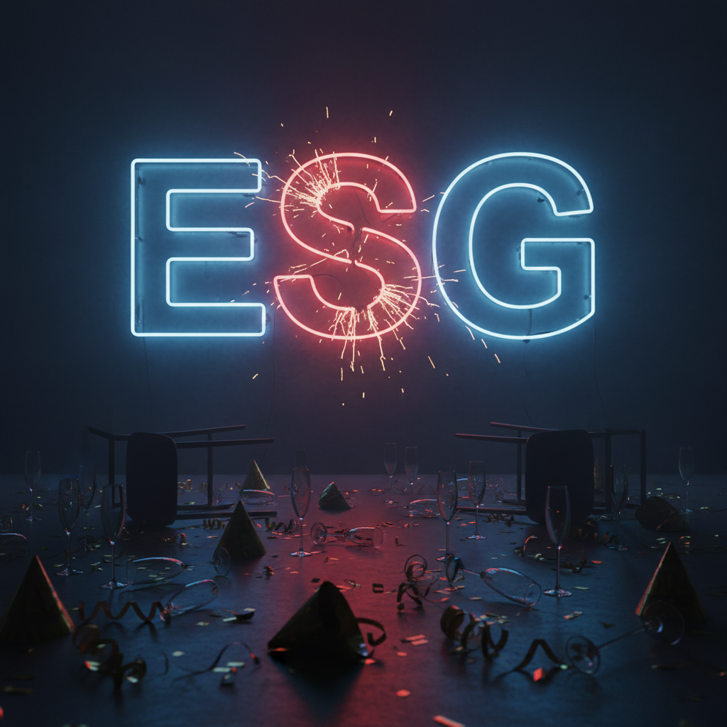 Infographic illustrating the internal tensions and cracks within the Environmental, Social, and Governance (ESG) framework.