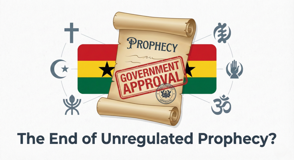 Infographic illustrating the new government regulations on prophecy in Ghana.