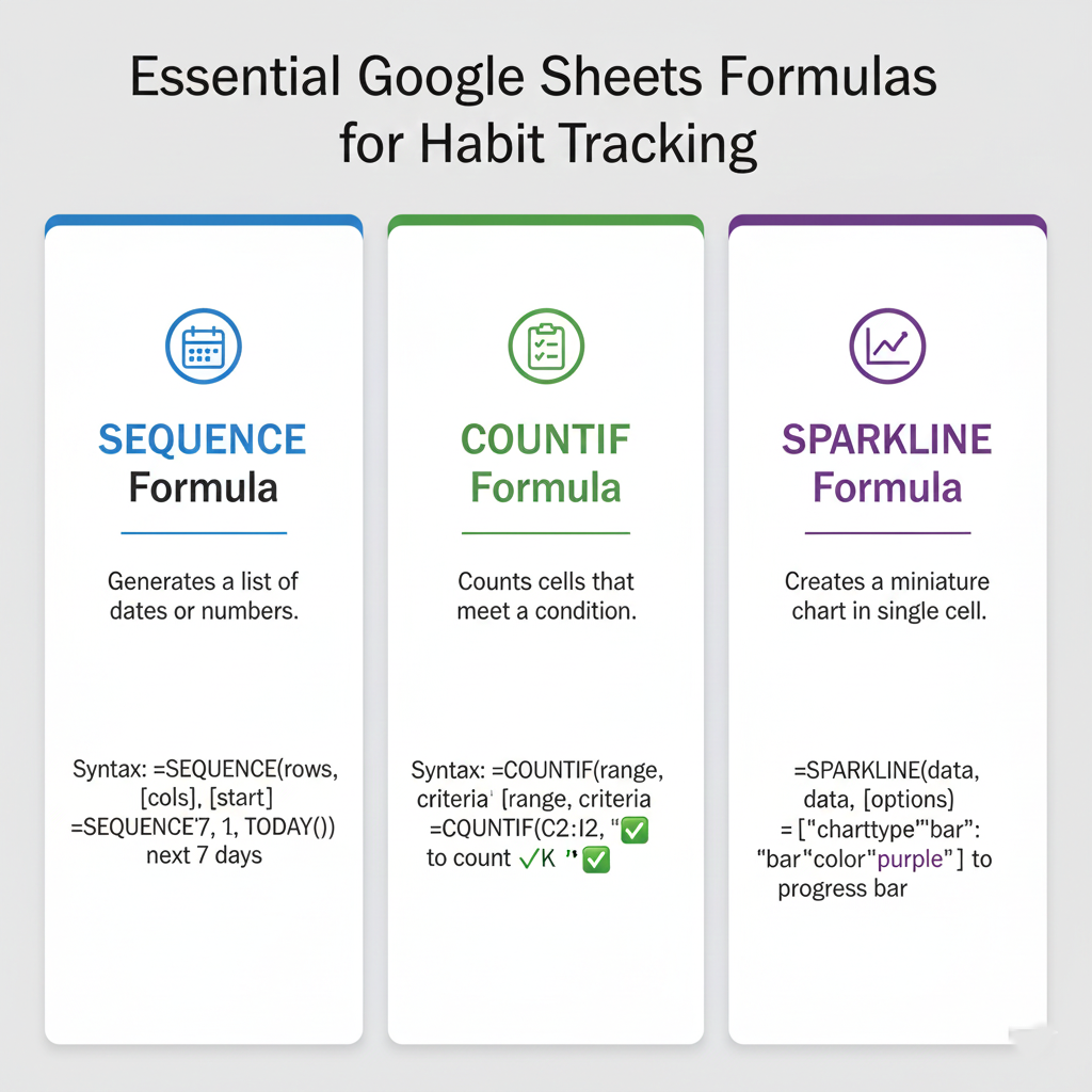 Infographic showing Google Sheets formulas for building a habit tracker.