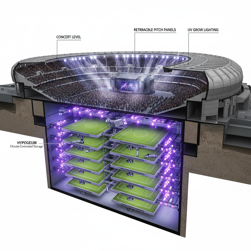 Infographic showing the underground pitch storage system (Hypogeum) at the Santiago Bernabéu