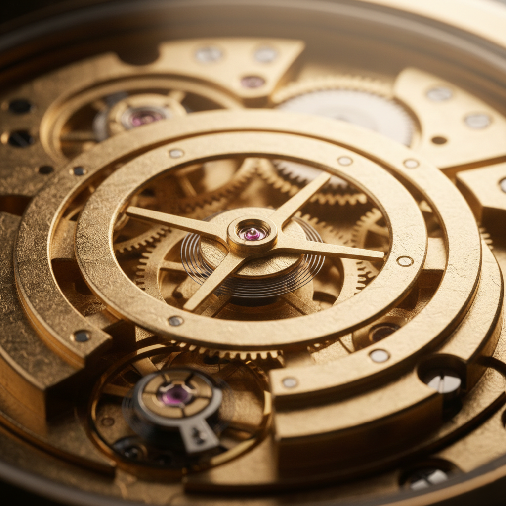 Intricate internal gears and mechanical complications of a Swiss luxury watch