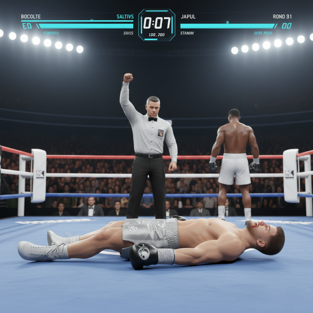 Jake Paul is knocked down to the canvas in Round 1 of the simulation against Anthony Joshua.