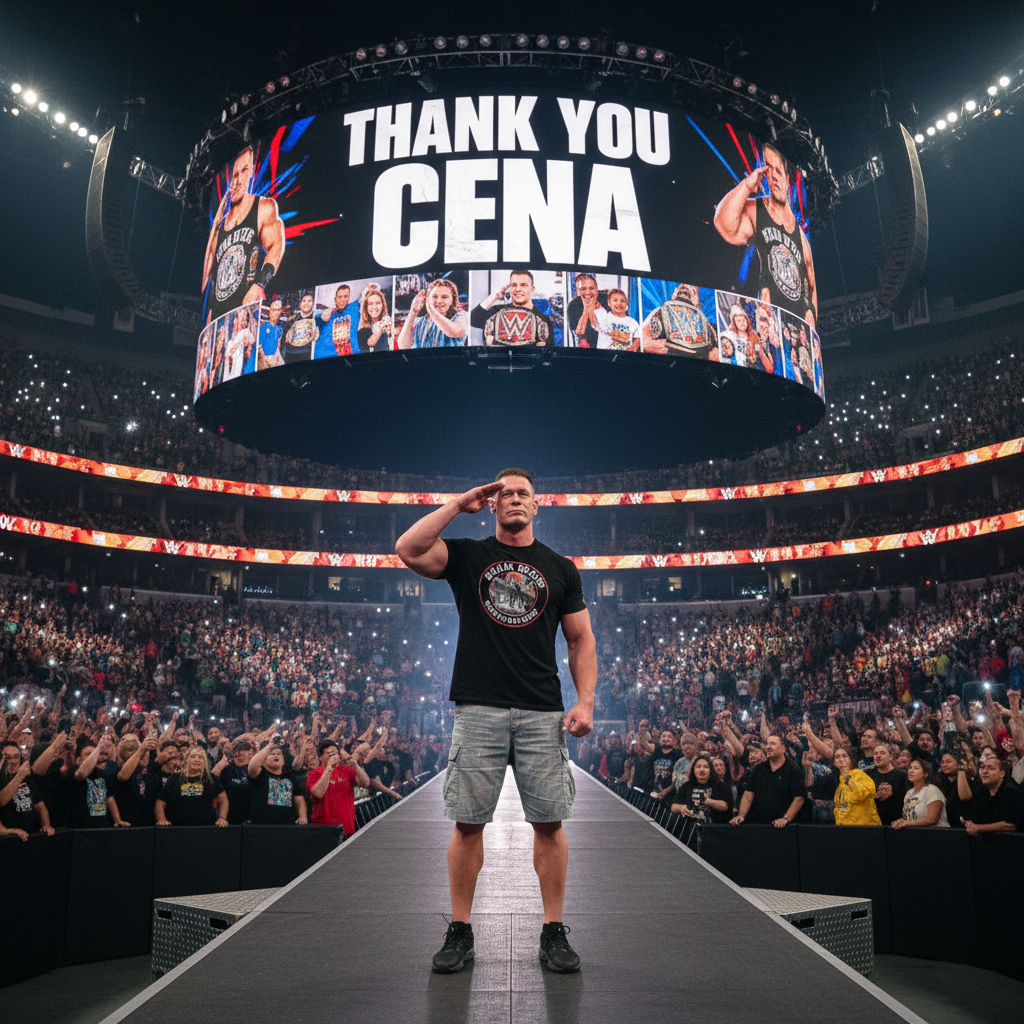 John Cena saluting the WWE fans during his emotional farewell appearance