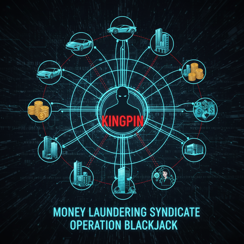 Kingpin connected by digital lines to icons of luxury cars, real estate buildings, and social media influencers, representing money laundering
