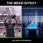 Lionel Messi holding the MLS Cup trophy in an Inter Miami kit