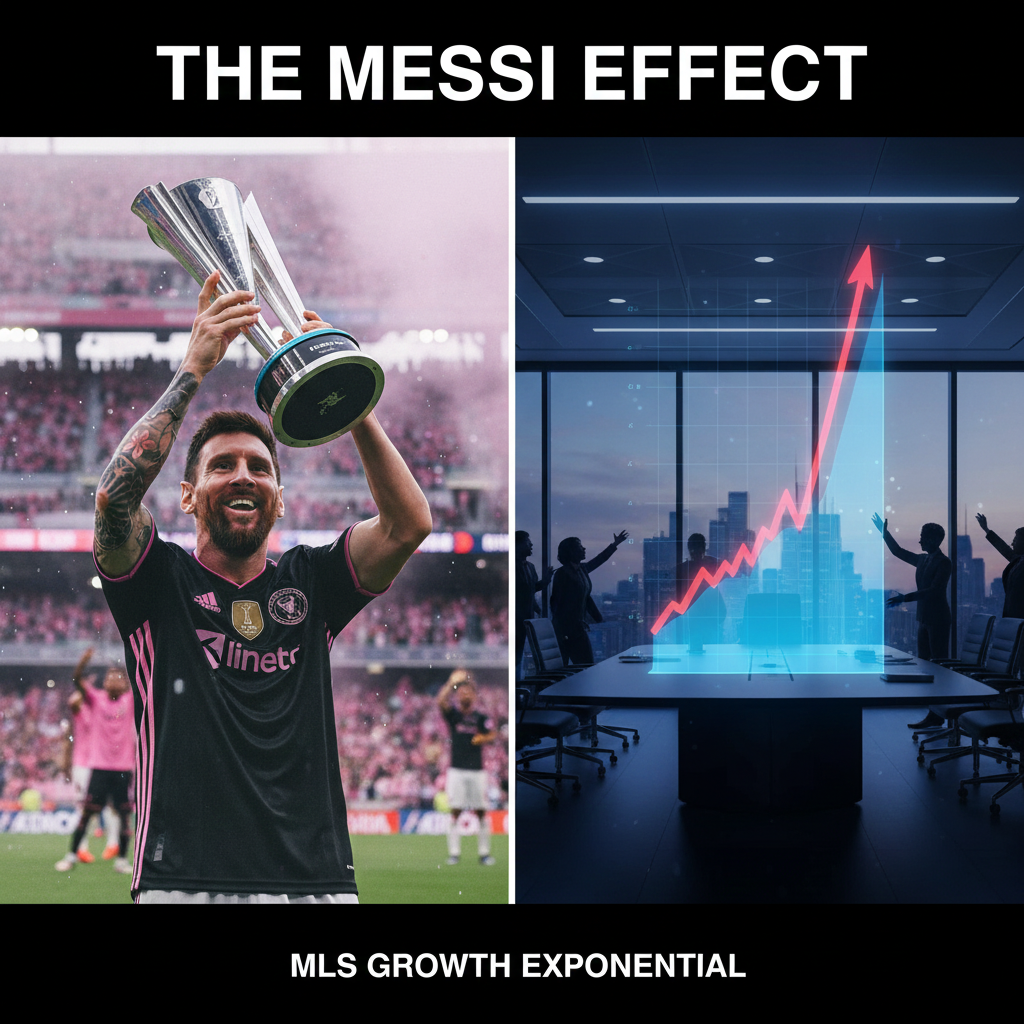 Lionel Messi holding the MLS Cup trophy in an Inter Miami kit