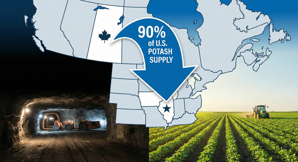 Map showing the overwhelming U.S. dependency on Canadian potash imports.