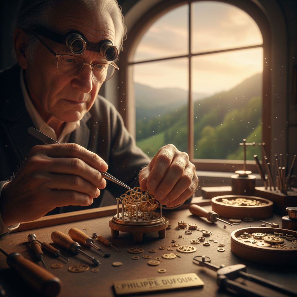 Master watchmaker Philippe Dufour working in his Swiss workshop.