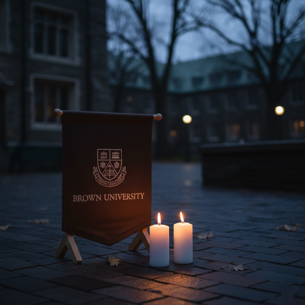 Memorial candles lit near the Brown University emblem, honoring the students killed in the campus shooting.