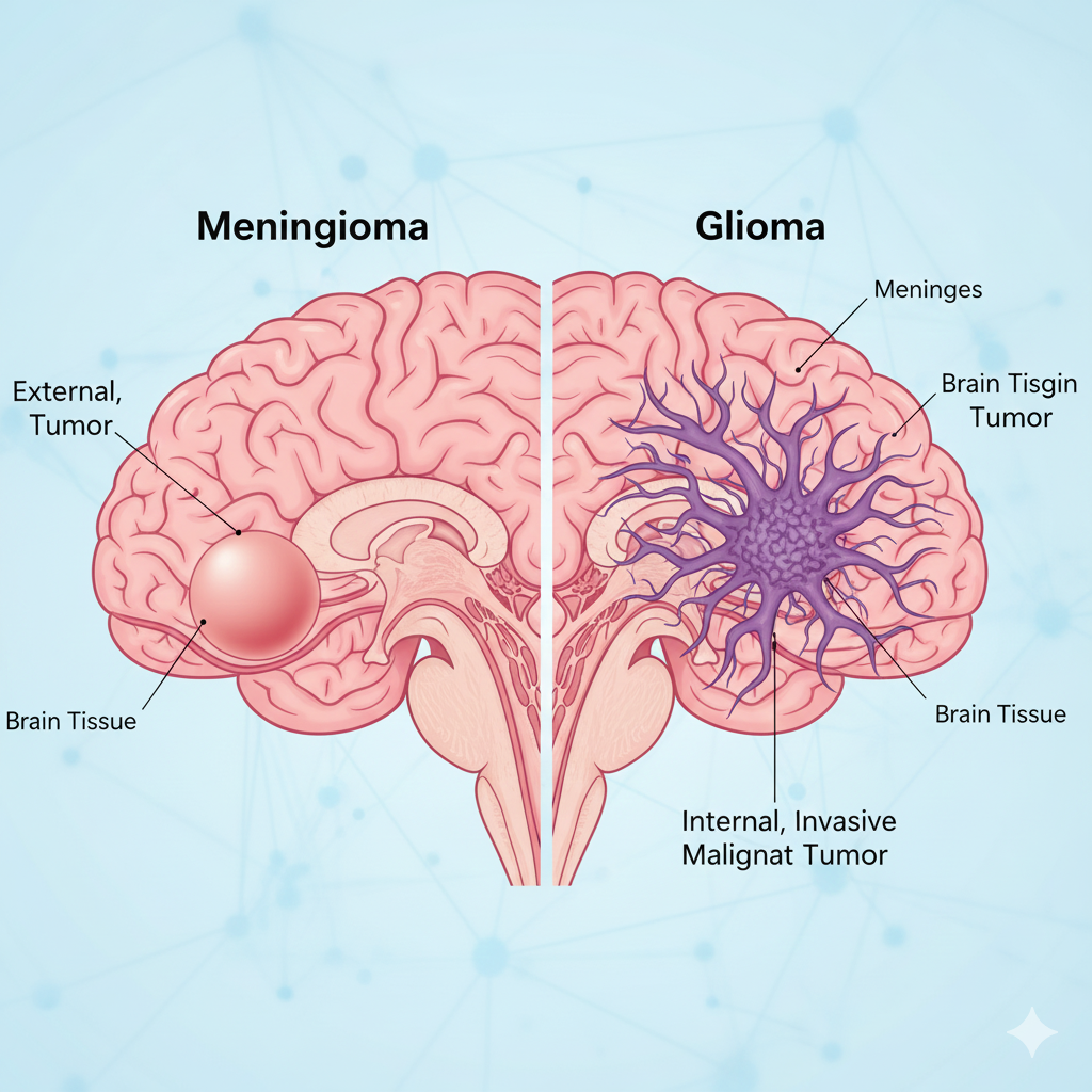 A cross-section comparing a tumor sitting on top of the brain (Meningioma) vs. one growing inside the brain tissue (Glioma).