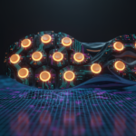 Mind Shoe Nodes a shoe sole with 22 orange, glowing nodes that look like buttons, pressing into a digital ground surface.