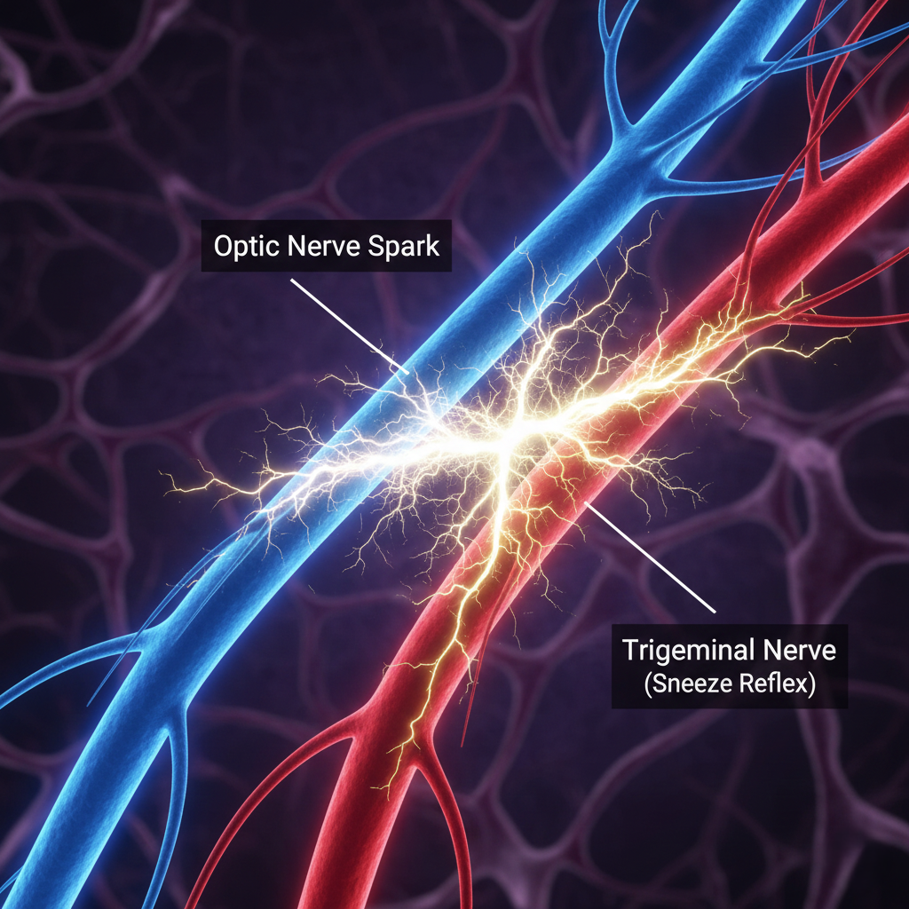 Neural Crossover A microscopic view of two glowing nerves (Optic and Trigeminal) touching and sparking, representing the 'Sunlight Sneeze' reflex