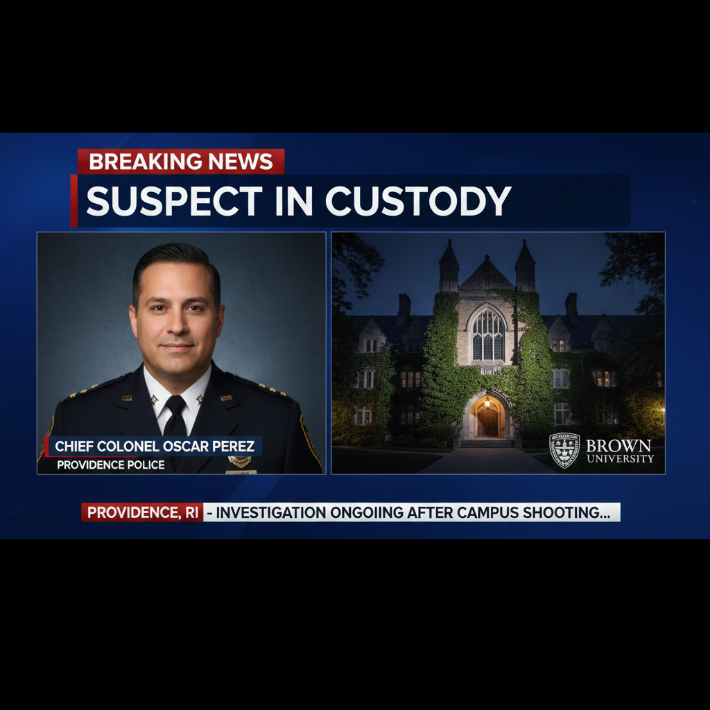 News report graphic showing the Providence Police Chief and the Brown University shooting scene, confirming a suspect is in custody.