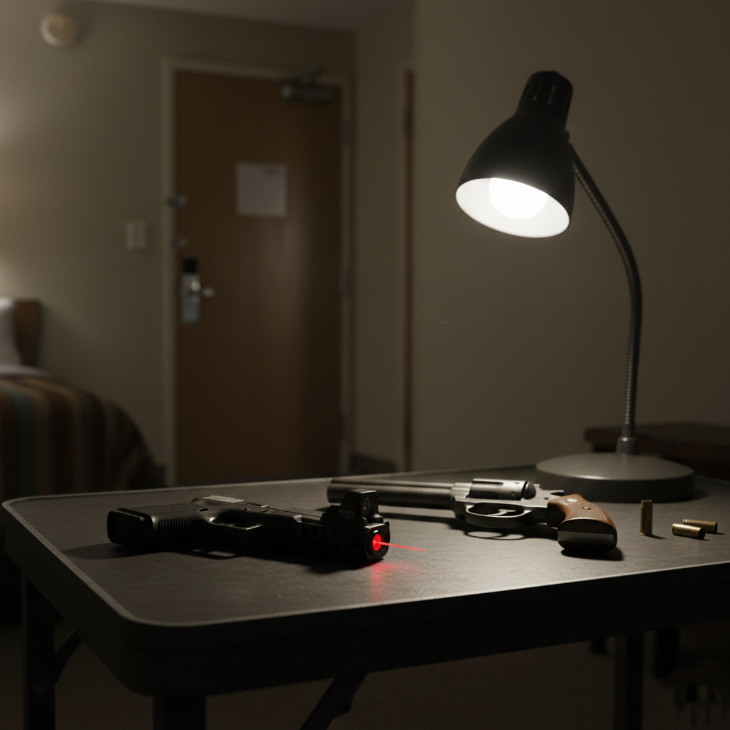 Police evidence showing the Glock with a laser sight and a revolver found during the arrest of the Brown University person of interest.