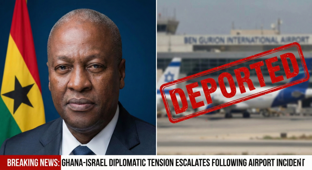 President John Mahama Ghana Israel diplomatic tension graphic illustrating the recent deportation row and retaliation measures at Ben Gurion Airport