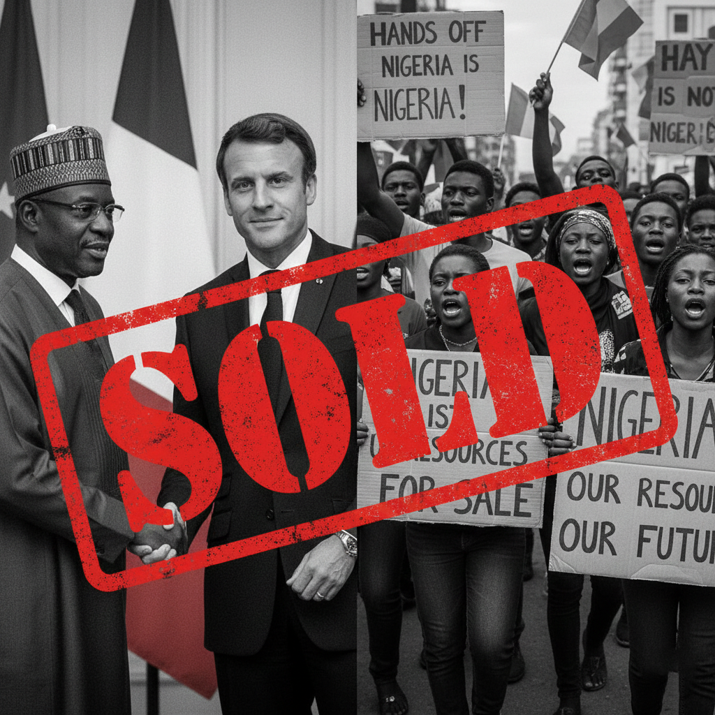 President Tinubu shaking hands with Emmanuel Macron against a background of the French flag