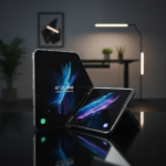 Professional product shot of the Samsung Galaxy Z TriFold showing its unique multi-fold design