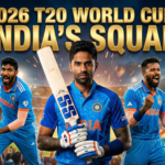 Promotional graphic for India's 2026 T20 World Cup squad featuring Suryakumar Yadav, Jasprit Bumrah, and Hardik Pandya.