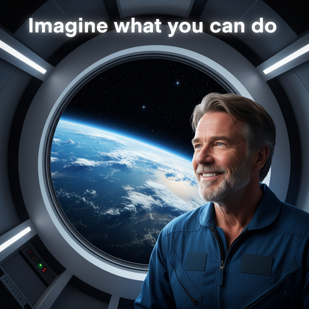 Richard Branson in space, looking down at Earth and inspiring the next generation of dreamers.