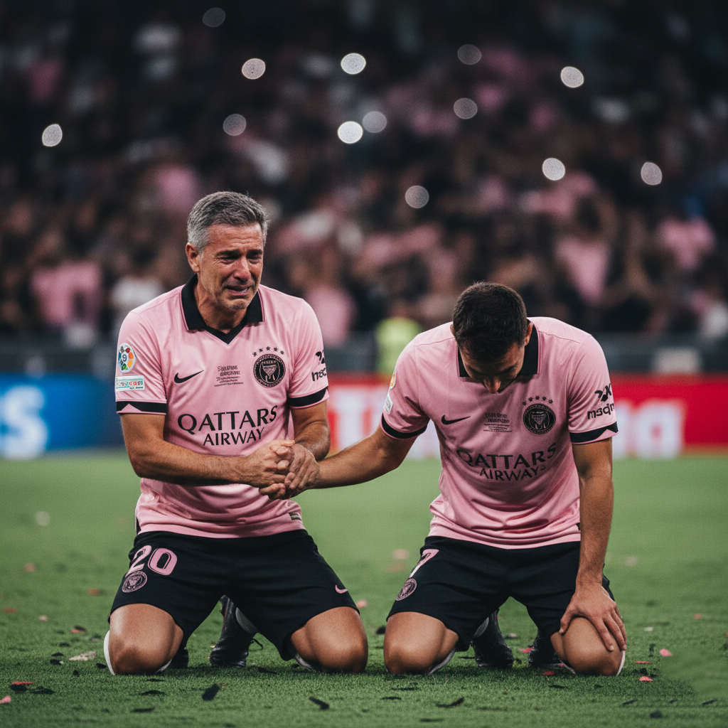 Sergio Busquets and Jordi Alba kneeling on the field with tears