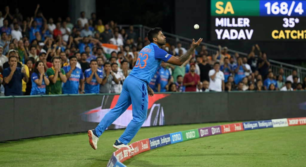 Suryakumar Yadav takes a sensational boundary catch to dismiss David Miller in the final over.