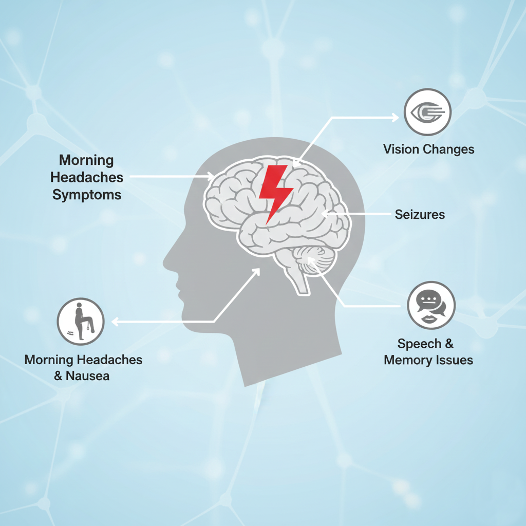 A silhouette of a head with icons pointing to different areas (Eyes for vision loss, limbs for weakness, lightning bolt for seizures).