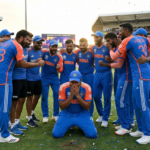 Team India celebrates emotionally on the pitch after winning the T20 World Cup 2024 final against South Africa.