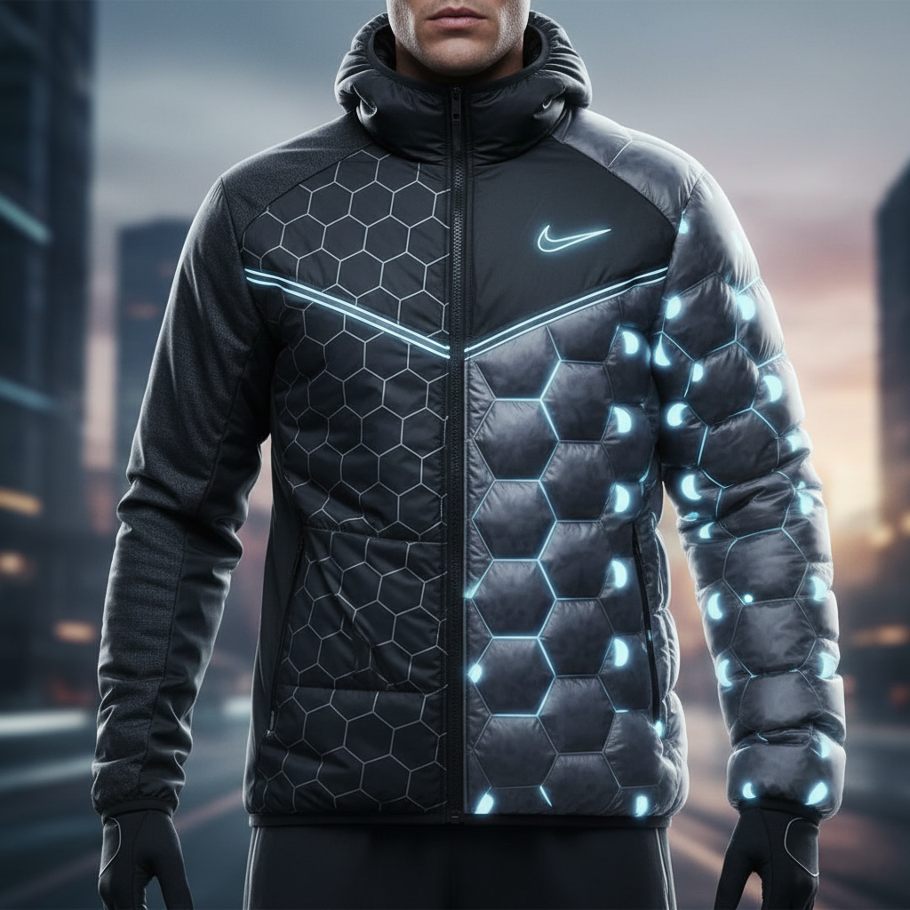 The Air Jacket A futuristic concept Nike jacket with visible, glowing air chambers inflating, showing a transition from flat to puffy.